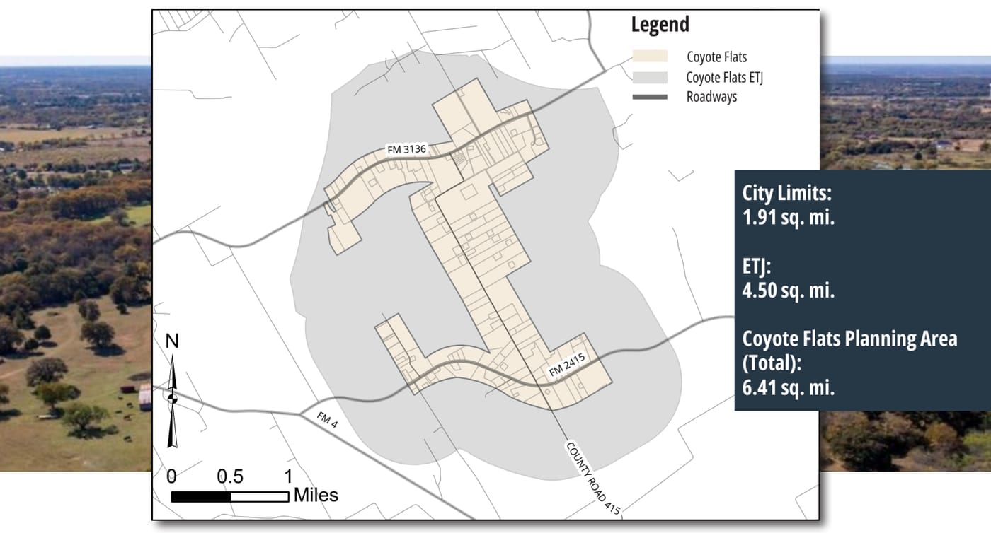 An aerial view of a city with a map showing the city limits